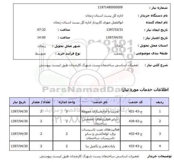 استعلام , استعلام تعمیرات اساسی ساختمان پست 