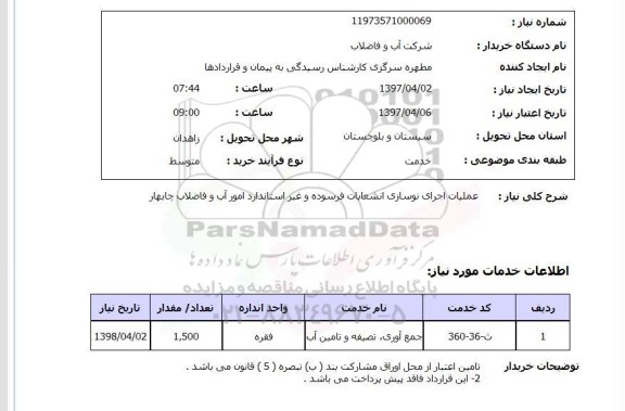 استعلام, عملیات اجرای نوسازی انشعابات فرسوده و غیراستاندارد امور آب و فاضلاب 