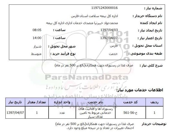 استعلام, صرف غذا در رستوران جهت همکاران 