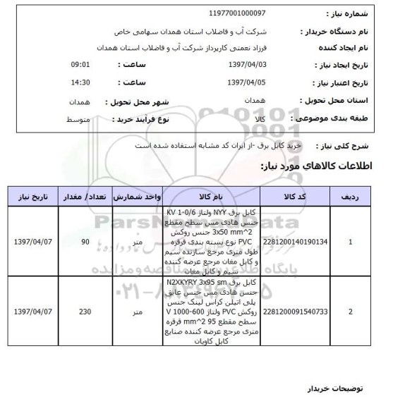 استعلام, خرید کابل برق