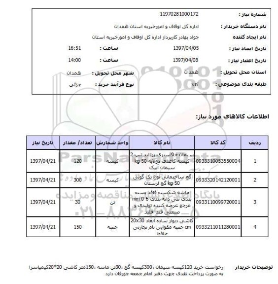 استعلام,استعلام خرید 120 کیسه سیمان، 300 کیسه گچ و...