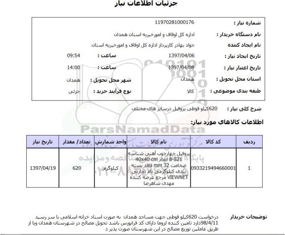 استعلام, استعلام 620 کیلو قوطی پروفیل