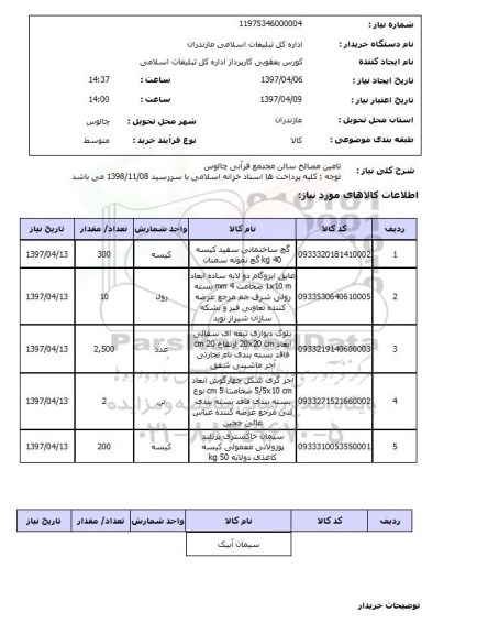 استعلام, استعلام تامین مصالح سالن  ...