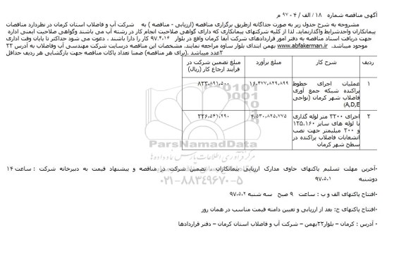 مناقصه ، مناقصه عملیات اجرای خطوط پراکنده شبکه جمع آوری فاضلاب  