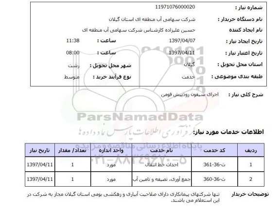 استعلام, استعلام اجرای سیفون رود پیش