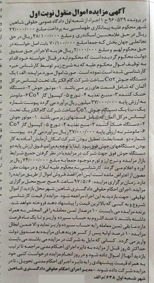 آگهی مزایده اموال منقول,مزایده یک دستگاه جوش CO2 - موتور جوش