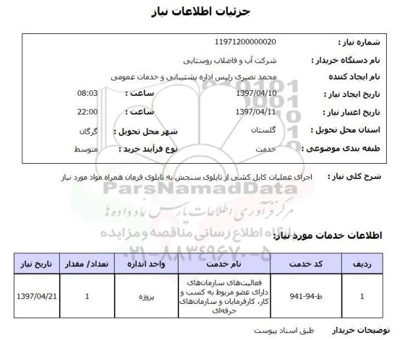 استعلام, استعلام اجرای عملیات کابل کشی...