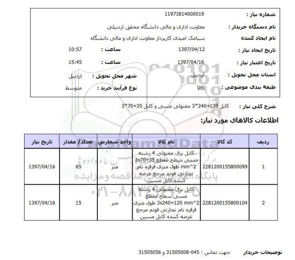 استعلام,کابل 120+240*3 مفتولی مسی...