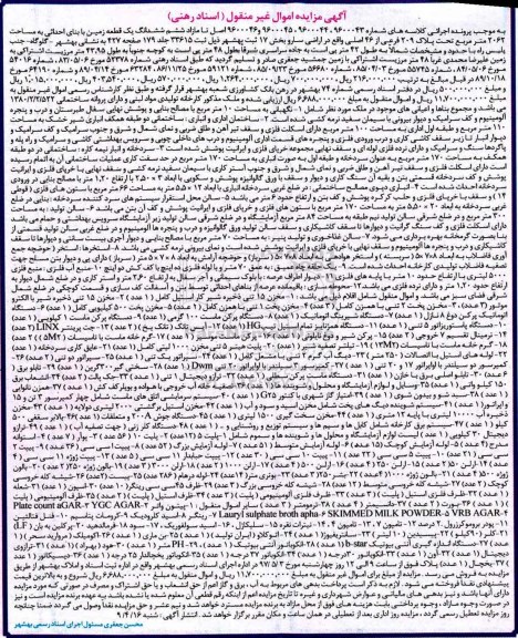 آگهی مزایده اموال غیر منقول,مزایده ششدانگ یک قطعه زمین و ساختمان اداری و انبار - سردخانه و انبار