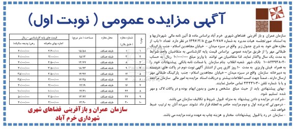 آگهی مزایده عمومی, مزایده واگذاری 10 باب مغازه