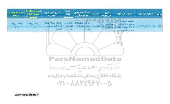 مناقصه , مناقصه اجرای شبکه توزیع آب ناحیه صنعتی