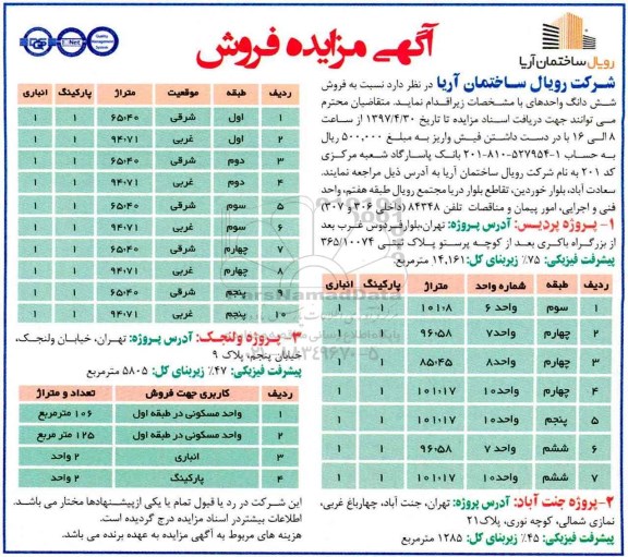 مزایده,مزایده فروش ششدانگ واحدها شامل پروژه پردیس.جنت آباد.ولنجک