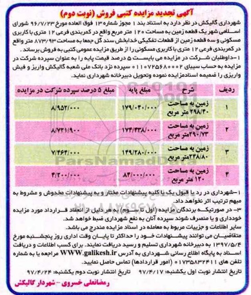 مزایده, مزایده یک قطعه زمین مساحت 120 مترمربع نوبت دوم 