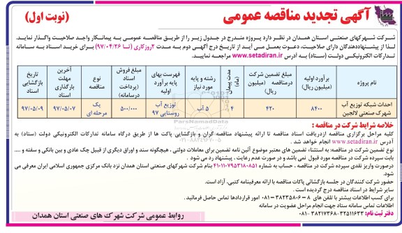 تجدید آگهی مناقصه عمومی , تجدید مناقصه احداث شبکه توزیع آب، احداث پل بتنی آبراه