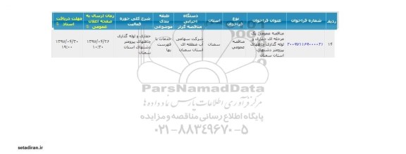 مناقصه ، مناقصه حفاری و لوله گذاری چاههای پیزومتر