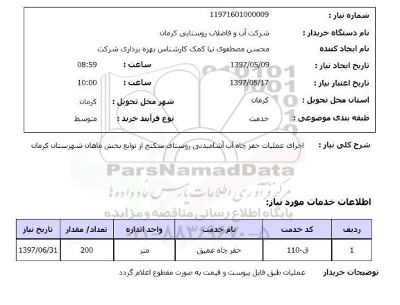 استعلام, استعلام اجرای عملیات حفر چاه آب آشامیدنی روستا