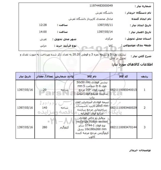 استعلام, نبشی نمره 5 و تسمه نمره 3 و قوطی 20.20