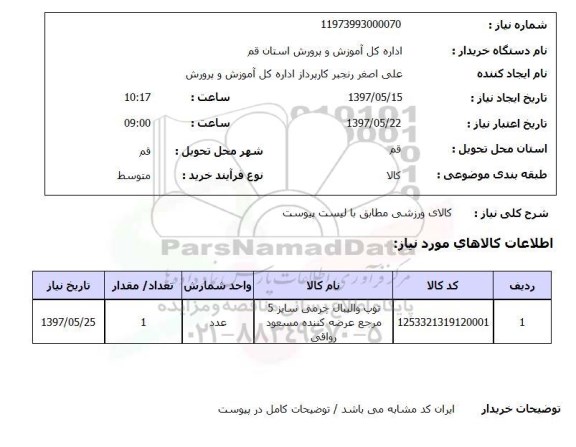 استعلام, کالای ورزشی مطابق با لیست پیوست 