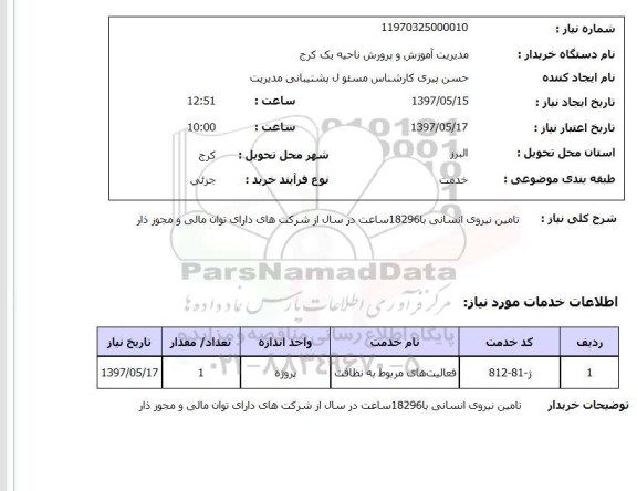 استعلام, تامین نیروی انسانی با 18296 ساعت در سال 