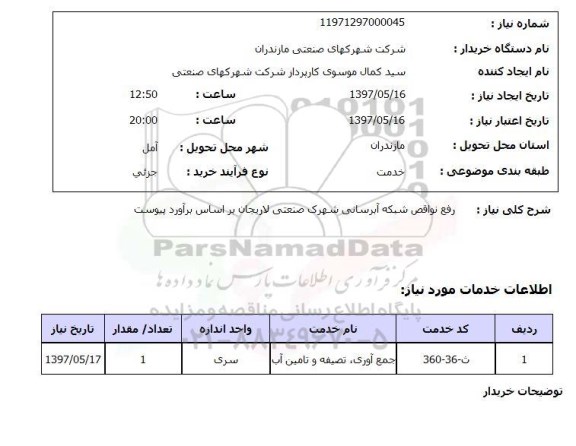 استعلام, استعلام رفع نواقص شبکه آبرسانی 