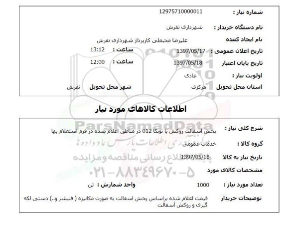 استعلام, پخش آسفالت روکش با توپکا 012