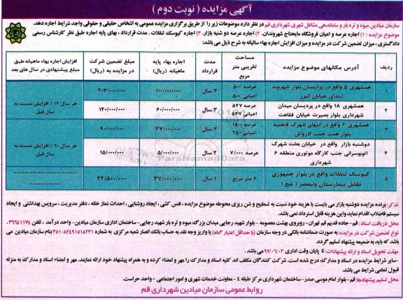 مزایده , مزایده واگذاری به اجاره عرصه و اعیان فروشگاه مایحتاج شهروندان  ـ نوبت دوم