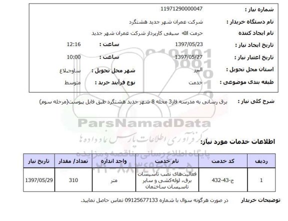 استعلام , استعلام  برق رسانی به مدرسه فاز 3 محله 8  ..