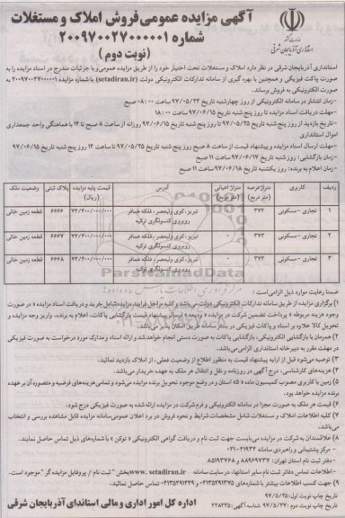 مزایده,مزایده فروش املاک مستغلات مساحت هرکدام 372متر نوبت دوم 