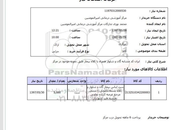 استعلام, استعلام ست لباس بیمار...