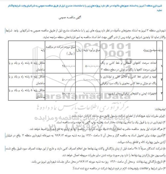 مناقصه, مناقصه عمومی احداث سرعت کاههای آسفالتی و خط کشی و رنگ آمیزی 