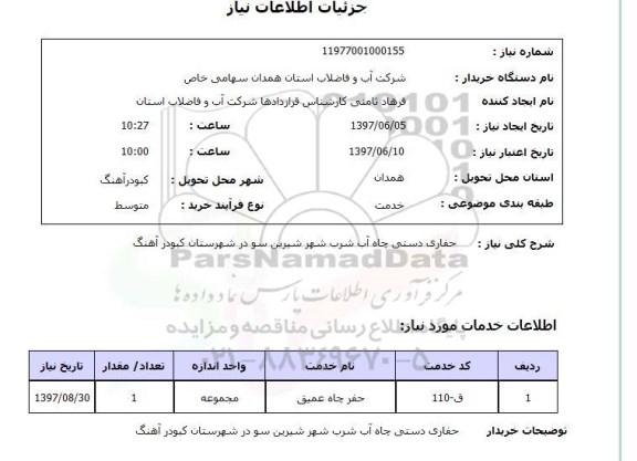 استعلام , استعلام حفاری دستی چاه آب شرب شهر  ...