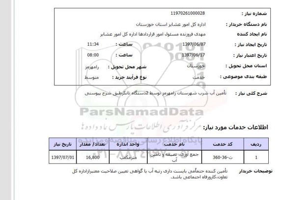 استعلام, استعلام تامین آب شرب شهرستان