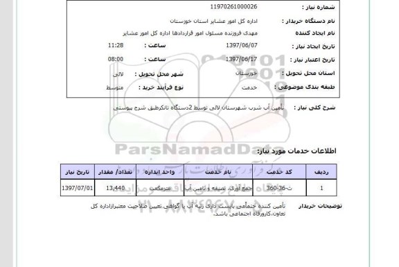 استعلام , استعلام  تامین آب شرب شهرستان لالی ...