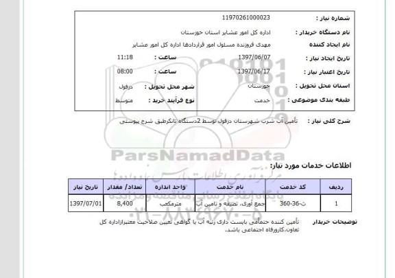 استعلام , استعلام   تامین آب شرب شهرستان  ...