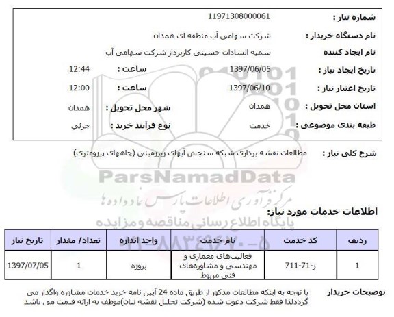 استعلام, استعلام مطالعات نقشه برداری شبکه سنجش آبهای زیرزمینی...