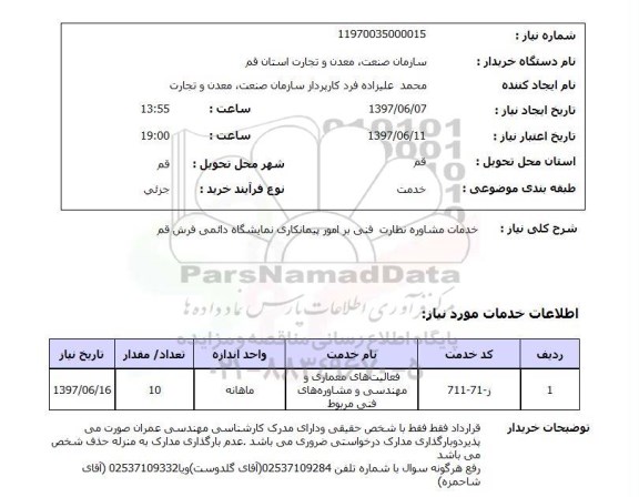 استعلام, استعلام خدمات مشاوره نظارت فنی بر امور پیمانکاری