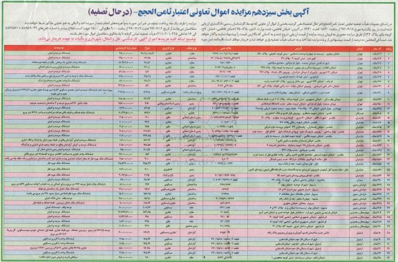 مزایده ,مزایده بخش سیزدهم اموال تعاونی اعتبار ثامن الحجج