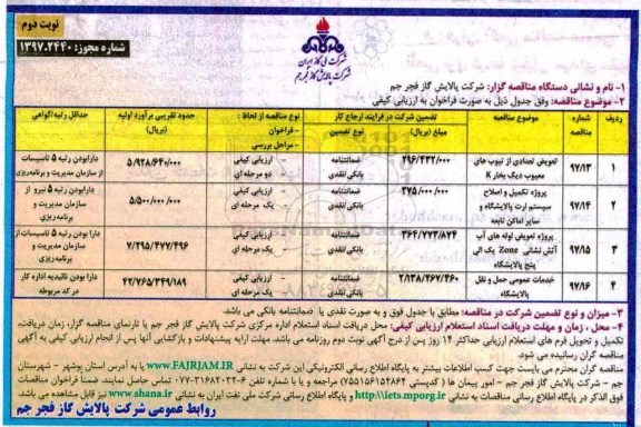 مناقصه تعویض تعدادی از تیوب های معیوب و ... نوبت دوم 