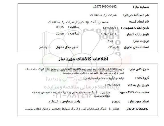 استعلام, استعلام خرید 10.000 کیلوگرم سیم آلومینیوم...