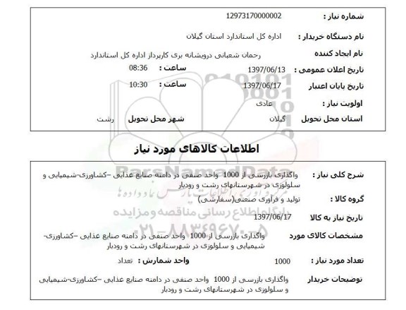 استعلام,استعلام واگذاری بازرسی از 1000 واحد صنفی در دامنه صنایع غذایی - کشاورزی - شیمیایی و سلولزی