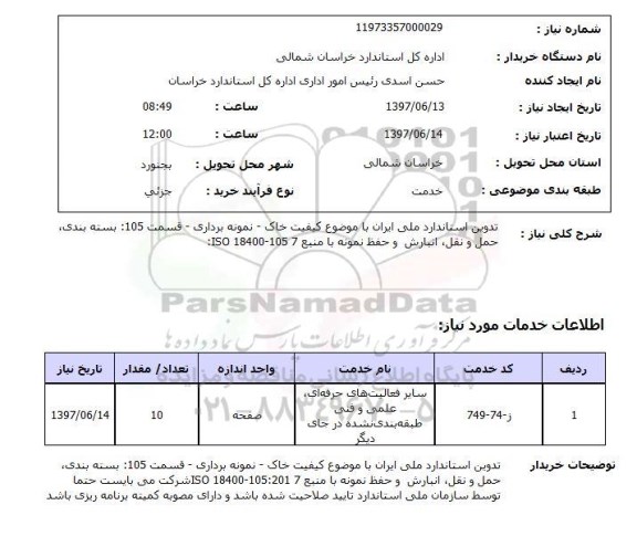 استعلام, تدوین استاندارد ملی ایران با موضوع کیفیت خاک