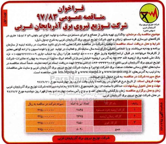 فراخوان مناقصه عمومی ، فراخوان مناقصه واگذاری تهیه بخشی از مصالح و اجرای دستمزدی ساخت و تولید 