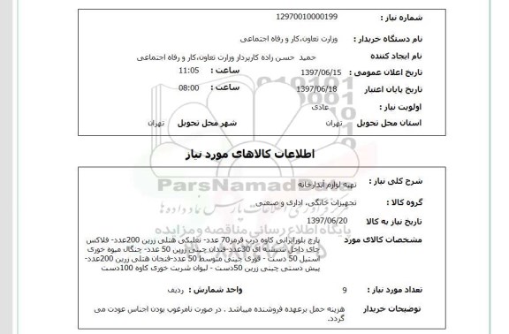 استعلام, استعلام تهیه لوازم آبدارخانه