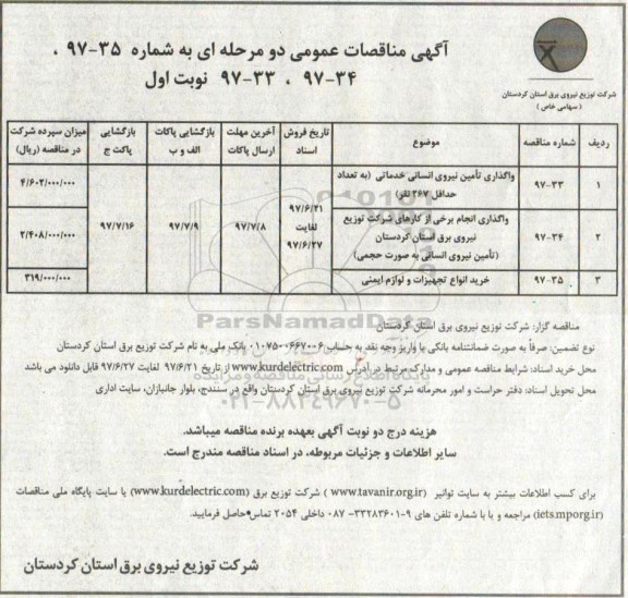 آگهی مناقصه عمومی, مناقصه واگذاری تامین نیروی انسانی خدماتی .... 