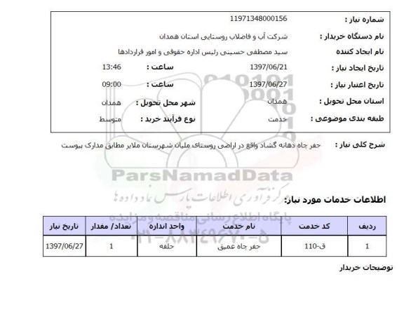 استعلام , استعلام حفر چاه دهانه گشاد  ....