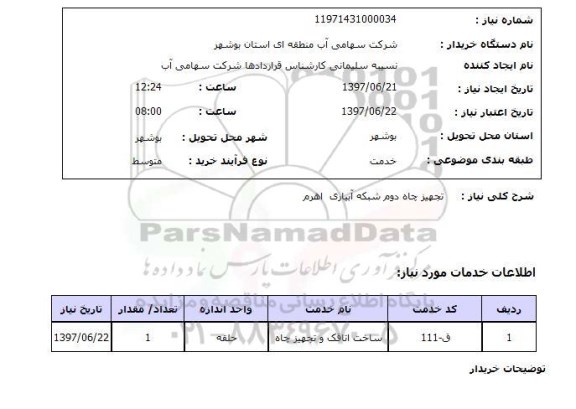 استعلام, استعلام تجهیز چاه دوم شبکه آبیاری