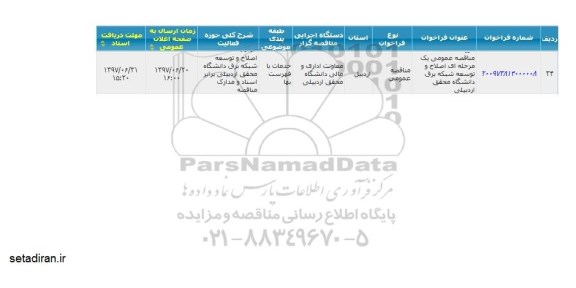 مناقصه عمومی, مناقصه  اصلاح و توسعه شبکه برق