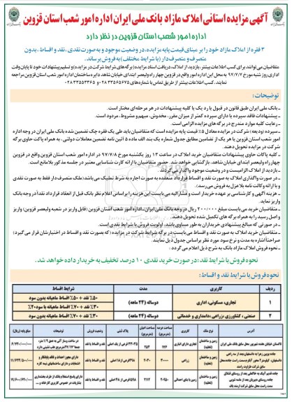 مزایده,مزایده فروش سه فقره از املاک مازاد نقد و اقساط