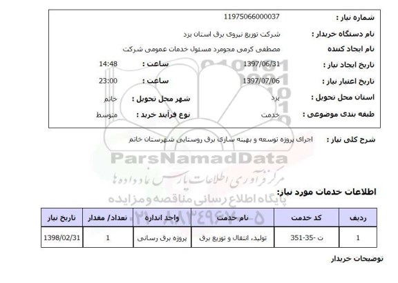 استعلام, اجرای پروژه توسعه و بهینه سازی برق روستایی