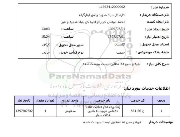 استعلام, استعلام تهیه و سرو غذا